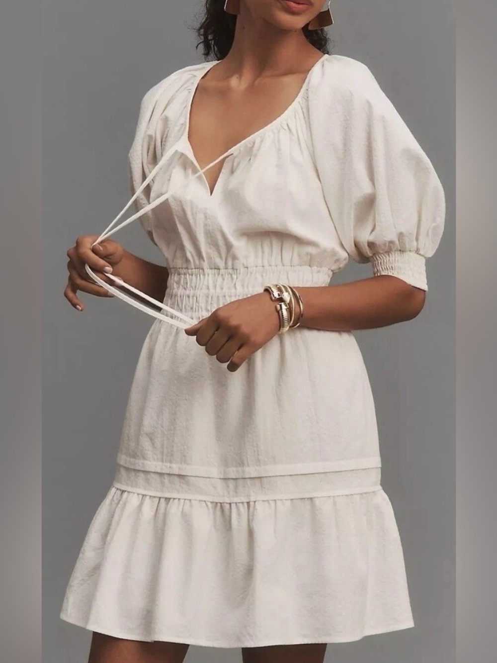 Anthropologie The Somerset Mini Dress Puff Sleeve Smocked White 2X Cottagecore